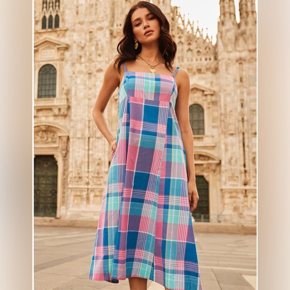 Bohemian Traders Sleeveless Cotton A-Line Slip Midi Dress - Blue Plaid - Large - Picture 3 of 13